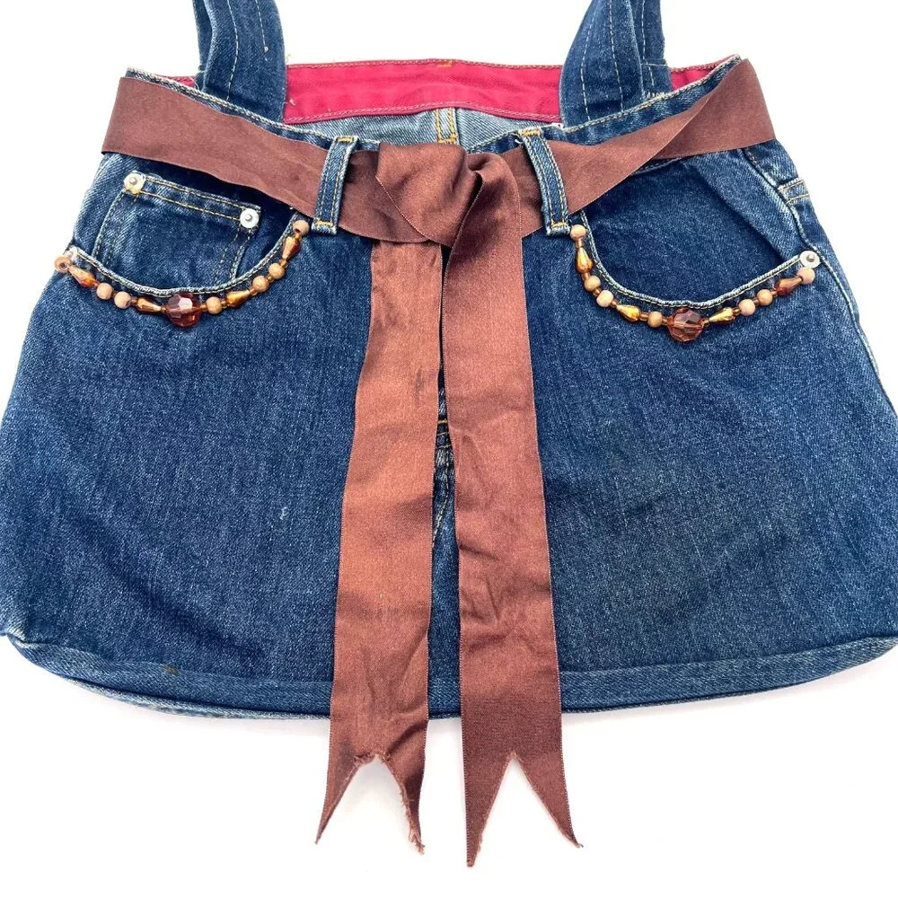 Upcycled Denim Handbag Purse Chic Beaded Pockets & Brown Ribbon FM Jeans Button - Picture 2 of 14